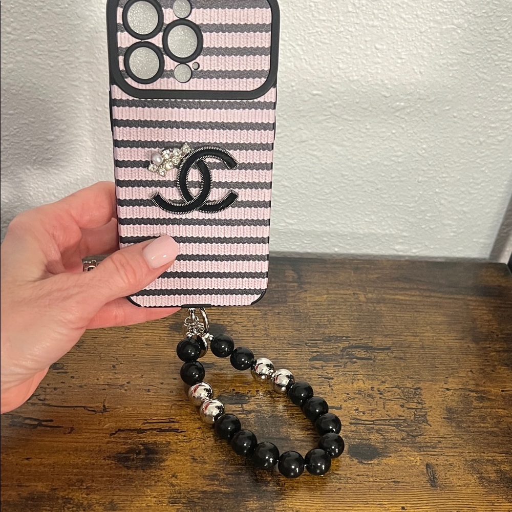 13 Pro Chic Pink and Black Striped Phone Case with Bracelet
